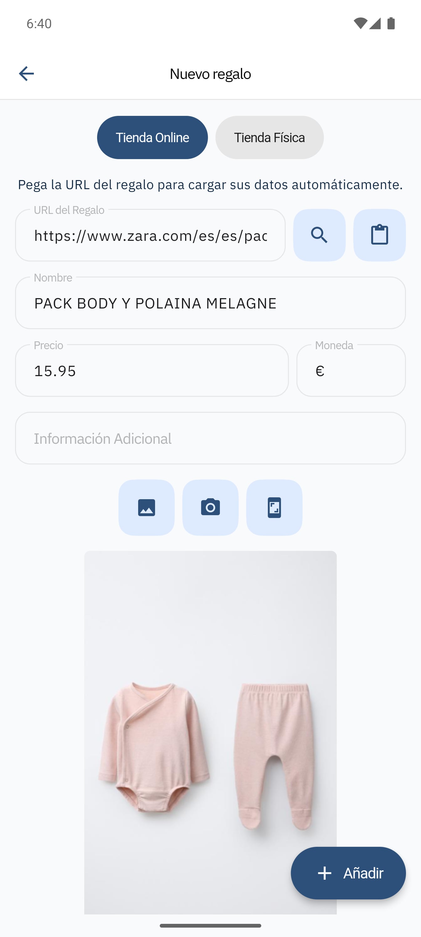 SmileBaby app - Añadir regalo con enlace