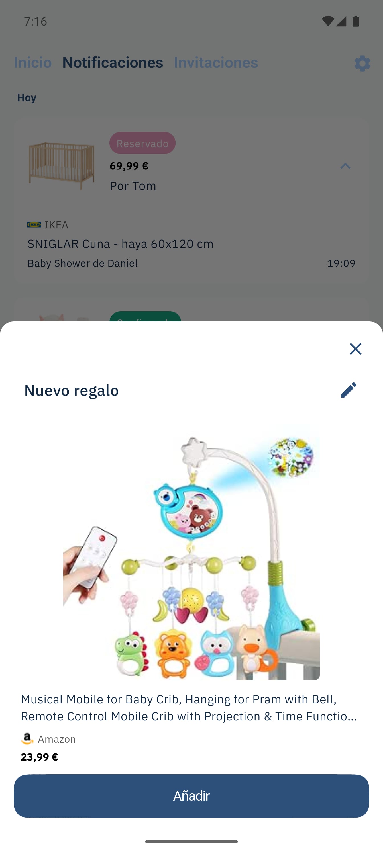 SmileBaby app - Añadir regalo compartiendo enlace con la aplicación