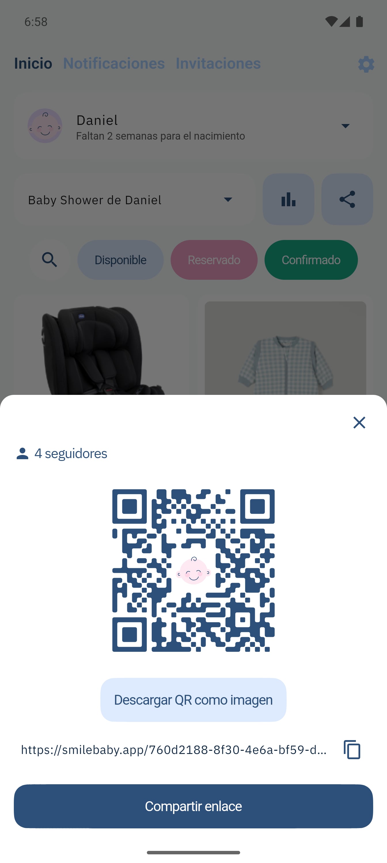 SmileBaby app - Compartir lista con QR o enlace