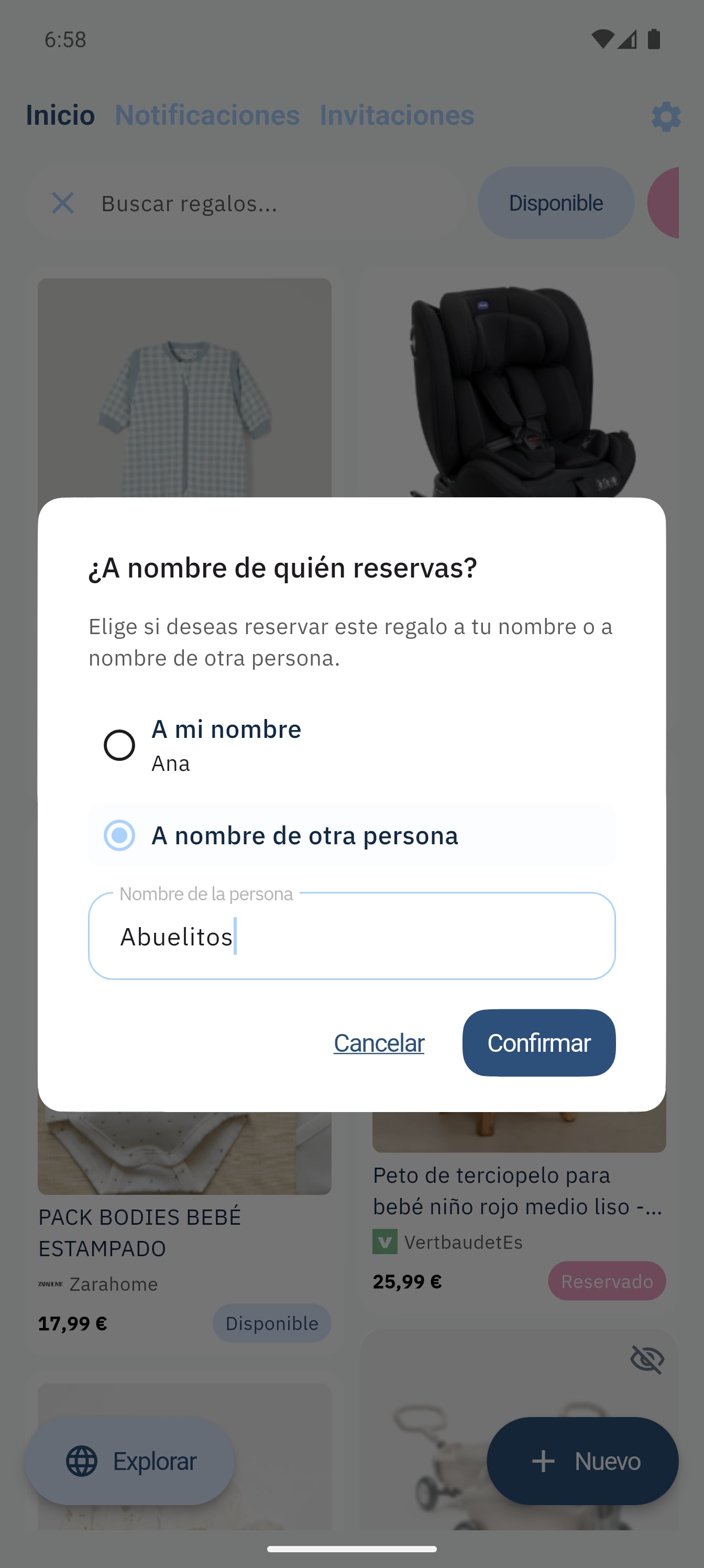 SmileBaby app - Reservar regalo a nombre de un familiar