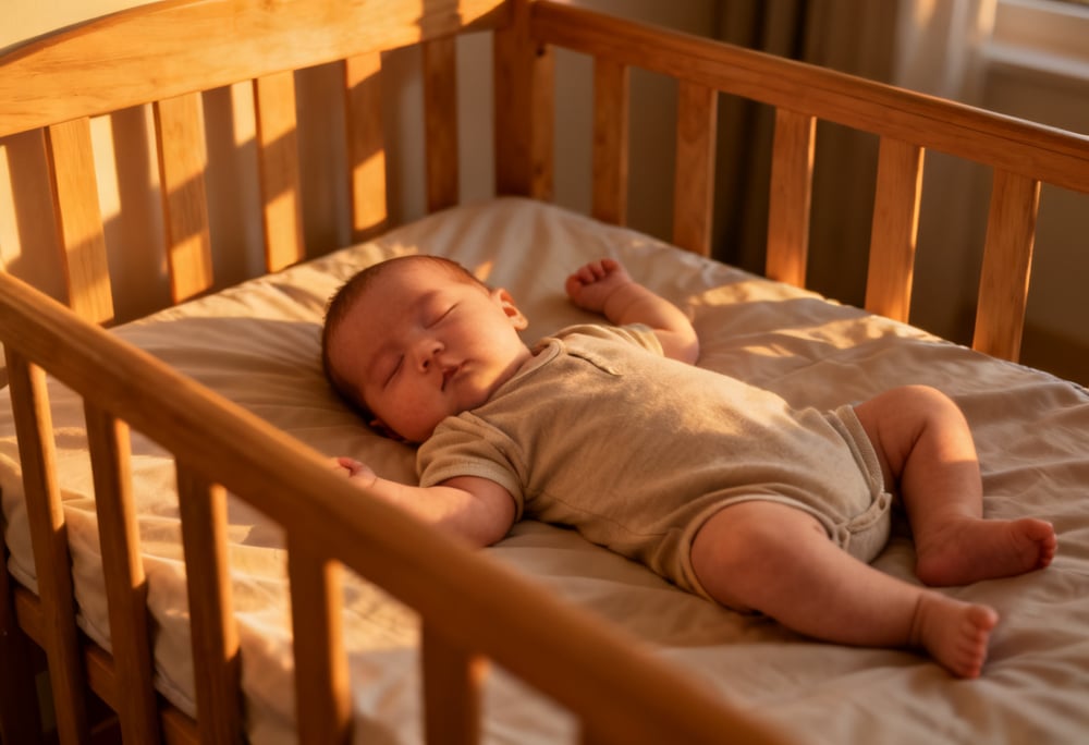Baby sleeping on their back in a crib with a firm surface, free of soft objects.