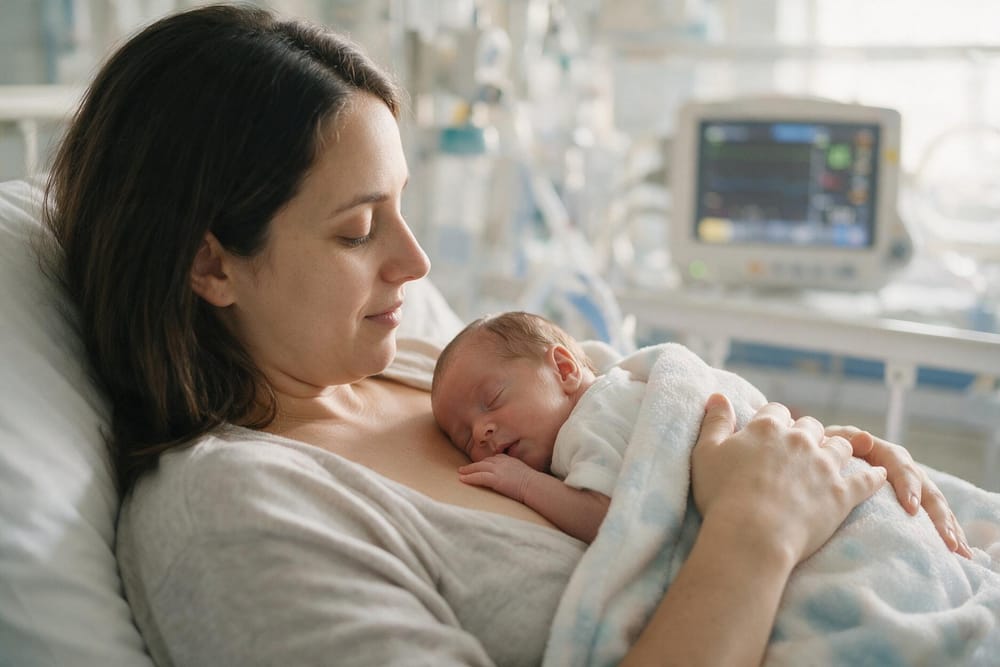 A mother's hands gently stroking her premature baby in an incubator in the neonatal unit.