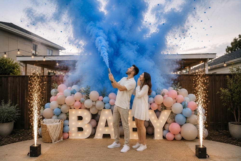 Couple celebrating a gender reveal with blue smoke, balloons and illuminated BABY letters outdoors